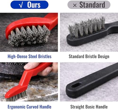 3-Pack Stainless Steel Wire Brush, 6.5 Inch Heavy Duty Cleaning Brush with Curved Ergonomic Handle, Stiff Steel Bristles for Rust Removal, Grill Grates, Metal Cleaning & Deburring