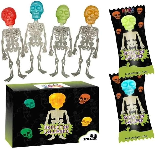 Skeleton Lollipops - Halloween Candy Individually Wrapped 24 Pack - Bulk Scary Suckers for Trick or Treat, Party Favors & Spooky Goodie Bags