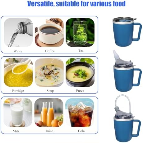 Adult Spill Proof Cup for Elderly, 3 in 1 Stainless Steel Sippy Cup with Straw and 2 Lids, Suitable for Seniors Disabled Patients Limited Mobility, 14 OZ