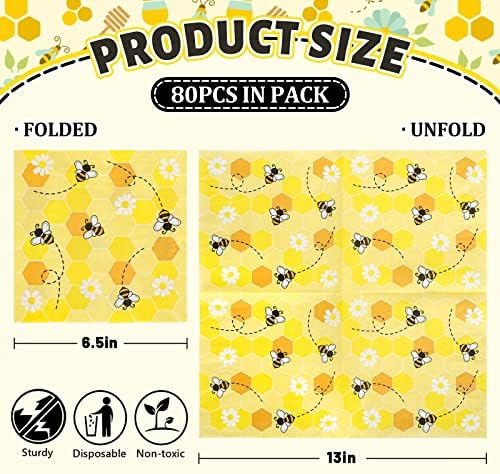 Whaline Bee Paper Napkins 6.5 x 6.5 Inch Bumblebee Daisies Print Disposable Luncheon Napkins Yellow Honeycomb Lunch Napkin for World Bee Day Spring Summer Dinner Buffet Tableware Supplies, 80 Pack