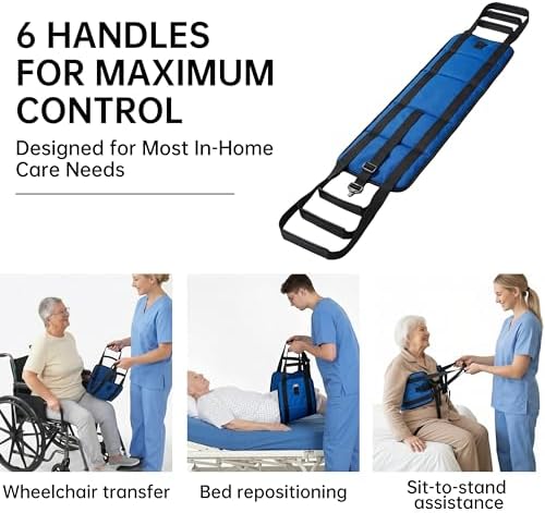 Transfer Sling, Upgraded with Metal Buckle, 6 Reinforced Straps with Hand Grips, Lift & Standing Aid for Caregivers, Elderly & Disabled, Transfer Belt for Home Use (Blue, Large)