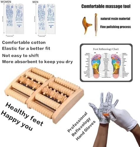 Wooden Foot Massager Roller with Reflexology Socks and Gloves Tools Set for Circulation, Pain Relief in Wide Feet, Health Promotion, Gift for Mom, Dad, or Elderly