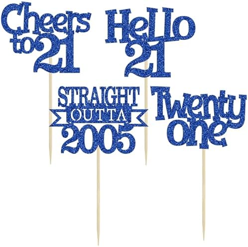 Ephlyn 24Pcs 21st Birthday Cupcake Toppers Glitter Straight Outta 2005 Cupcake Picks Hello 21 Cheers to 21 Years Cake Decorations for 21st Birthday Anniversary Party Decorations Supplies Blue