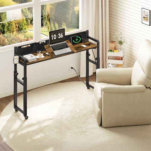 Overbed Table with Wheels, Recliner Desk with Charging Station, Over the Bed Table Height Adjustable, Mobile Bed Table with Storage and Cup Holder, Overbed Desk for Living Room, Rustic Brown