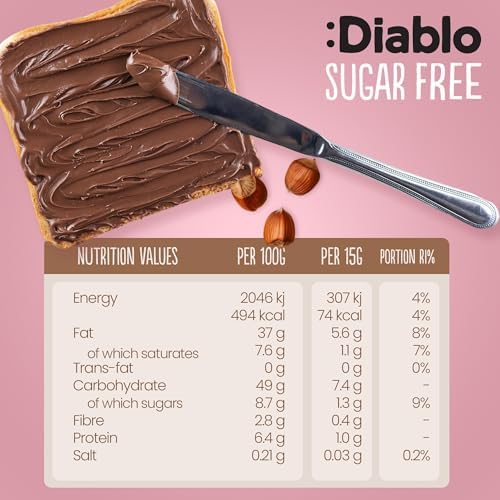 Diablo No Added Sugar Hazelnut Chocolate Spread 350g – Sweetened with Maltitol – Belgian Chocolate Spread for Toast, Waffles, Breakfast, Baking, Healthy Snacking & Balanced Lifestyle (Pack Of 1)