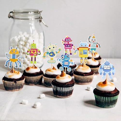 Ercadio 36 Pack Robot Cupcake Toppers Printed Cartoon Robots Cupcake Picks Robot Gear Cake Decorations for Robot Theme Boys Birthday Baby Shower Party Cake Decoration Supplies