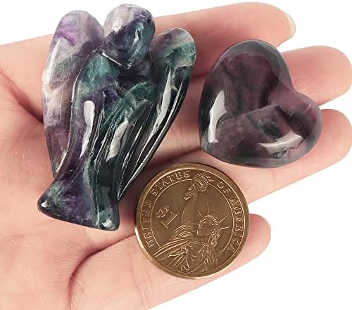 Artistone Rainbow Fluorite Crystal Guardian Angel and Heart Stone Set,Natural Healing Pocket Angel Figurines Small Love Heaven Gemstones for Your Love