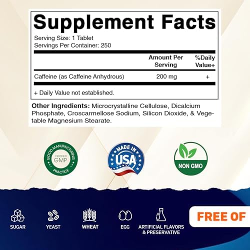 Vitamatic Caffeine Pills 200mg per Serving, 250 Vegetarian Tablets