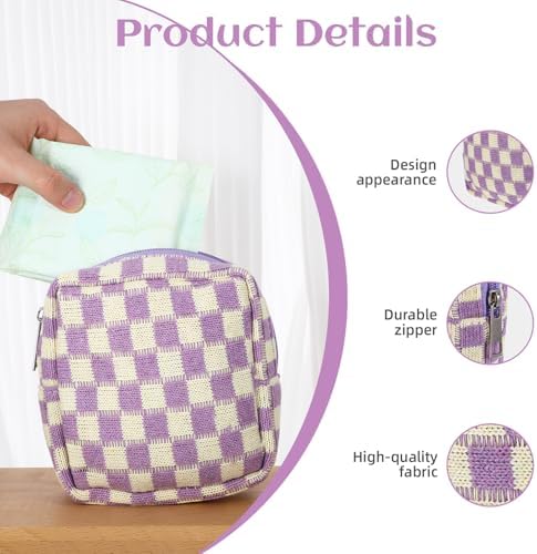 4Pcs Sanitary Napkin Storage Bag, Portable Period Bag for Teen Girls Woman, Pad Pouch Tampon for Purse, Reusable Zipper Period Pouches for Teen School Office Travel Feminine Care Organizer, Plaid