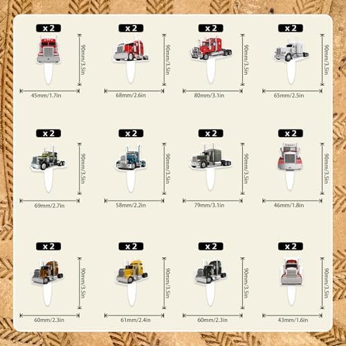 24-Pcs Semi Truck Cupcake Toppers Set Transportation Themed Happy Birthday - Kids Big Truck Themed Party, Boy and Girl Birthday Party, or Baby Shower Party Car Decorations - LIANGSS