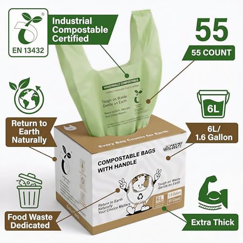 1.6 Gallon Compostable Trash Bags with Handles, 55 Count - Small Biodegradable Countertop Compost Bin Liners, 6 Liter Extra Small Bio Bags for Kitchen Food Waste & Bathroom, 0.63 Mil