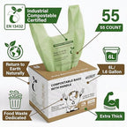 1.6 Gallon Compostable Trash Bags with Handles, 55 Count - Small Biodegradable Countertop Compost Bin Liners, 6 Liter Extra Small Bio Bags for Kitchen Food Waste & Bathroom, 0.63 Mil