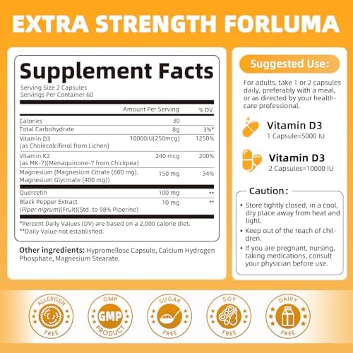 M inch Vitamin D3 K2 with Magnesium, Vitamin D3 10000 IU, Vitamin K2 MK-7 240 mcg, 6-in-1 K2 D3 Vitamin Supplement with Quercetin for Bone, Immune & Moo*d Support, Highly Bioavailable, 120 Capsules