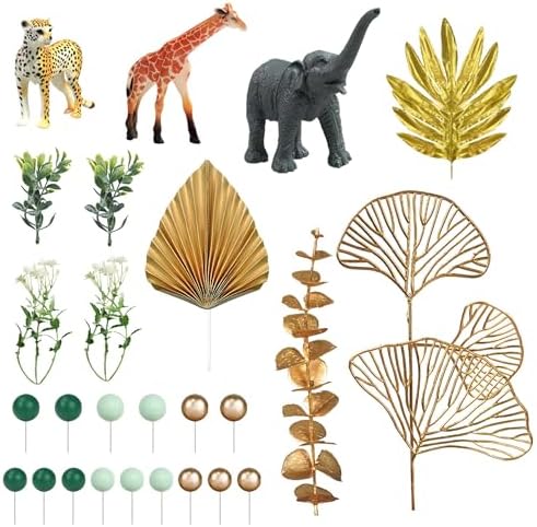 26 PCS Jungle Animal Cake Toppers Safari Animals Figure Gold Palms Picks Jungle Wild One Animals Cake Decorations for Safari Theme Birthday (style 1)