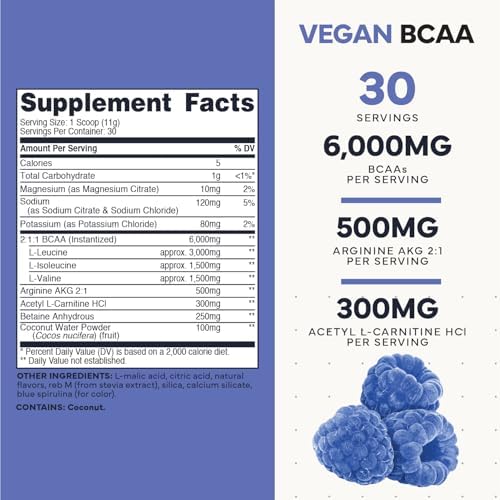 Type Zero Ultra Clean Vegan BCAA Powder + Electrolytes (Blue Raspberry | 6G) 2:1:1 Sugar-Free/No Sucralose BCAAs Amino Acids Supplement - BCAA Vegan Amino Acids After Workout Drink, 30 Servings
