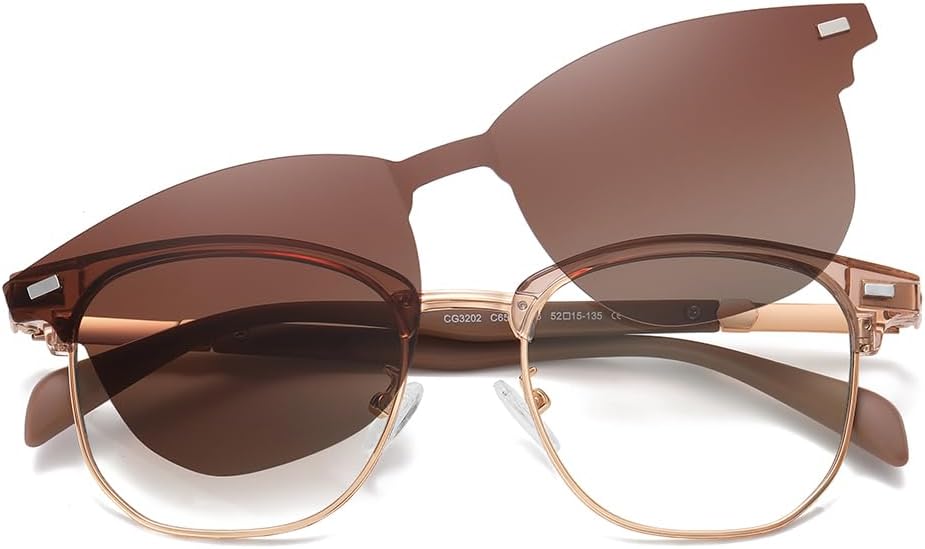 ZAMGIC Blue Light Blocking Glasses with Polarized Clip On Sunglasses Lenses for Men Women Magnetic Multi-use Metal Frame Brown