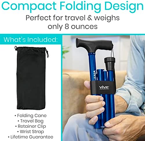 Vive Folding Cane - Foldable Walking Cane for Men, Women - Fold-up, Collapsible, Lightweight, Adjustable, Portable Hand Walking Stick - Balancing Mobility Aid - Sleek, Comfortable
