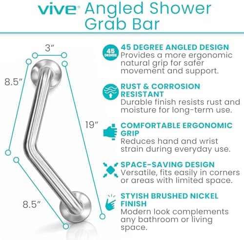 Vive Angled Shower Grab Bar (Supports 440lbs) - ADA Compliant Tub, Bathroom, Bathtub Safety Assist Rail for Handicap, Seniors, Elderly - 16in Grip Handle for Bath and Toilet - Brushed Nickel Finish