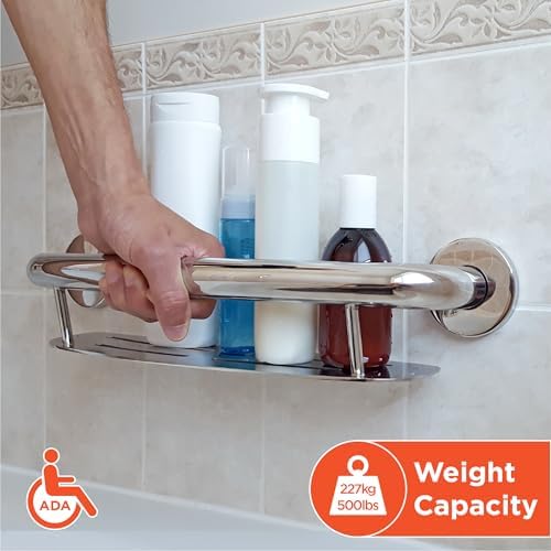 HEALTHCRAFT Plus 2-in-1 Shampoo Shelf and Decorative Grab Bar (16 Inch), ADA Compliant Bathroom Safety Grab Bar for Seniors, Wall-Mounted, Supports Up to 500 lbs in Chrome
