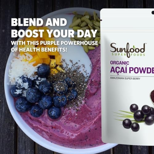 Sunfood Superfoods Organic Acai Powder - Acai Powder Organic, Acai Powder for Smoothie Bowles, Dried Acai Berry Mix with Antioxidants & Vitamin C, 100% Pure, USDA Organic, Non GMO - 4 Oz Bag