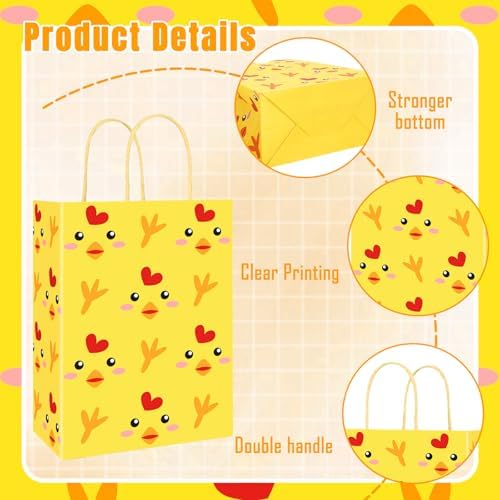FYSUIMU 24Pcs Chicken Party Paper Bag Yellow Chick Treat Bags with Handles Farm Animal Candy Goodie Bags for Birthday Baby Shower Party Favors Supplies