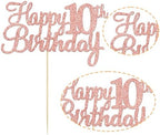 Gyufise 1Pc Happy 10th Birthday Cake Topper Glitter 10th Birthday Cake Pick Cheers to 10 Years Old Ten Fabulous Cake Decorations for 10th Birthday Theme Party Supplies Rose Gold