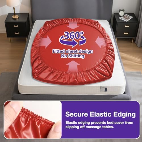 Vinyl Queen Fitted Massage Mattress with Elastic Band, Fits Bed Cover Mat 80x60'' Wide for Nuru Massage Safe Against Water&Oil, Bed Sheet-Silicone Based Massage Products, Noiseless&Hypoallergenic, Red