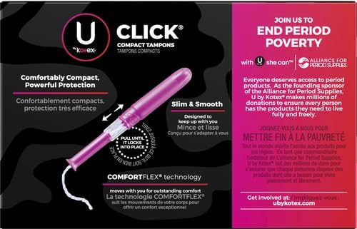 U by Kotex Click Compact Tampons, Regular Absorbency, Unscented, 45 Count (Pack of 2)