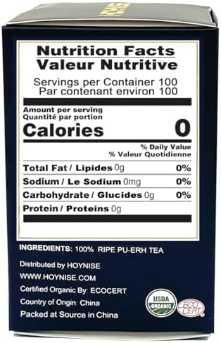 HOYNISE - Organic Pu erh Tea Loose Leaf - Chinese Yunnan Ancient Tree Puerh Tea - Fermented Ripe Puer Tea Loose Leaf - High Mountain Grown, 100g/3.5oz