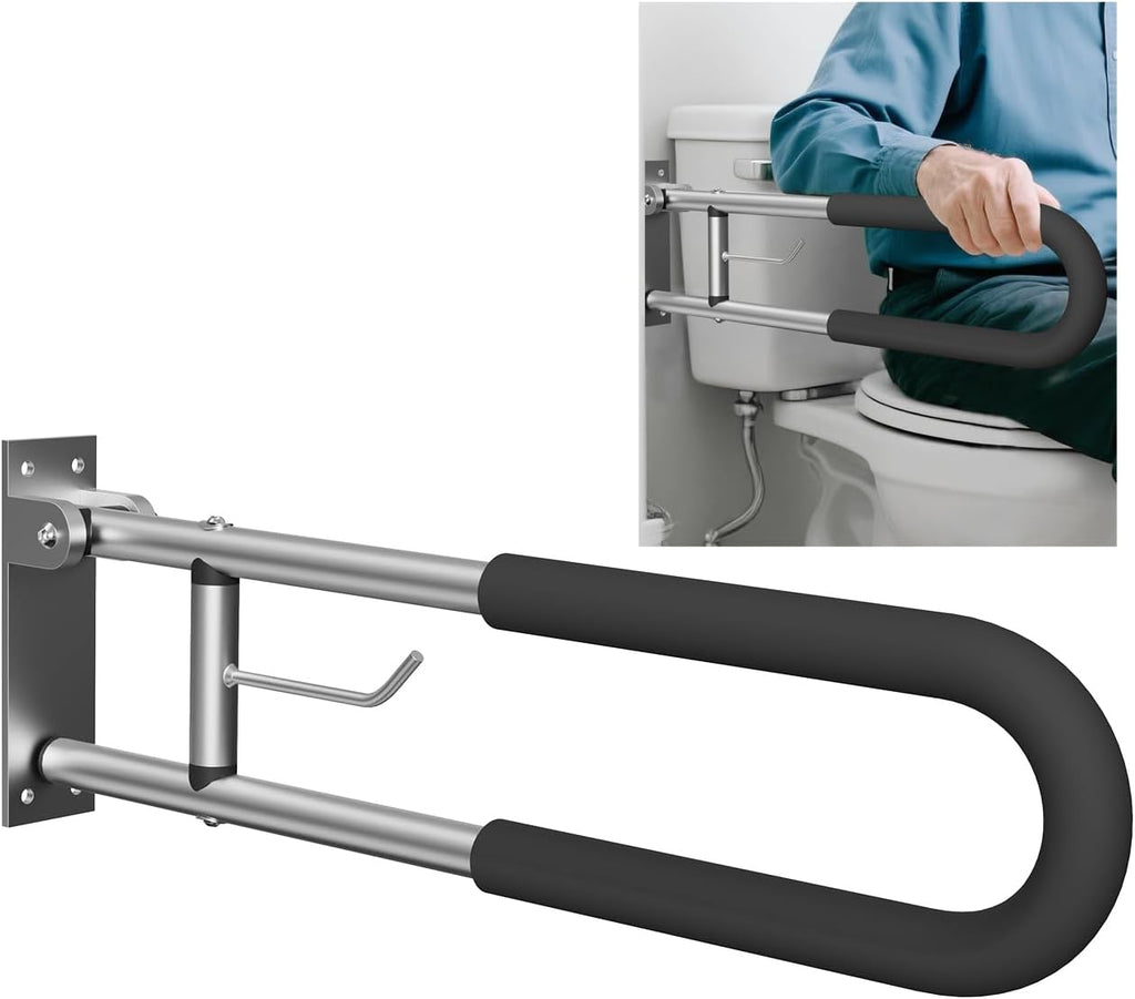 Foldable Toilet Grab Bar, 30 Inch Wall Mounted Flip-Up Safety Rail, 2mm Thick Heavy-Duty Rust-Resistant Aluminum Bathroom Support Bar for Elderly, Disabled, Handicap & Mobility Assistance