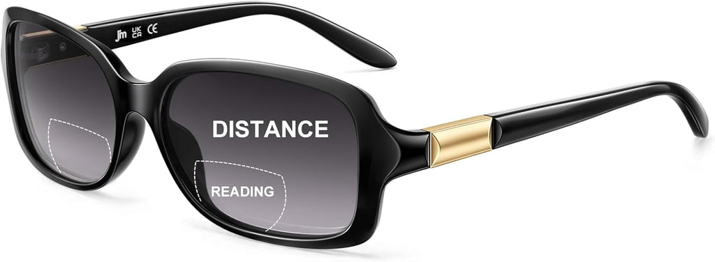 JM Classic Bifocal Reading Glasses Rectangular Stylish Sunglasses Readers for Women All Black +2.5