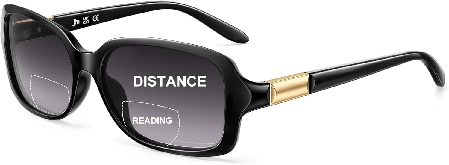 JM Classic Bifocal Reading Glasses Rectangular Stylish Sunglasses Readers for Women All Black +2.5
