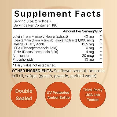 Lutein 40mg + Zeaxanthin 1,600mcg, 360 Softgels | 4-in-1 Formula with Astaxanthin, Omega-3 & Phospholipids | Marigold Flower Extract | Supports Eye, Brain & Vision Health | Non-GMO, Gluten Free
