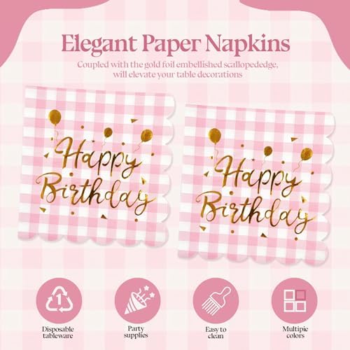 50Pack Pink Gold Happy Birthday Paper Napkins - Light Pink and White Gingham Luncheon Napkins, Scalloped Checkered Dessert Napkins, Disposable Decorations Supplies for Birthday Party