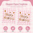 50Pack Pink Gold Happy Birthday Paper Napkins - Light Pink and White Gingham Luncheon Napkins, Scalloped Checkered Dessert Napkins, Disposable Decorations Supplies for Birthday Party