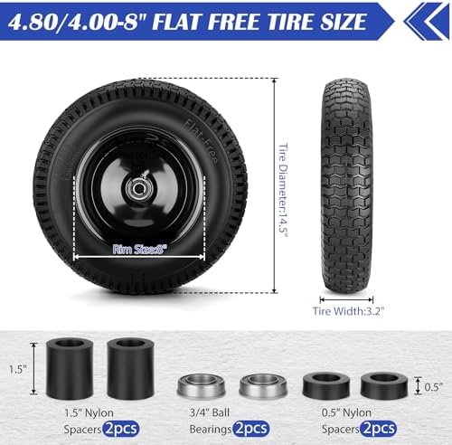 4.80/4.00-8 Tire, 14.5" Flat-free Solid Tire Wheels with 5/8" Axle Bore Hole, 3-7" Centered Hub, Universal Fit 4.80/4.00-8, 3.50/3.00-8, 4.00-6 Wheelbarrow Wheels(Black, 2 Pack)