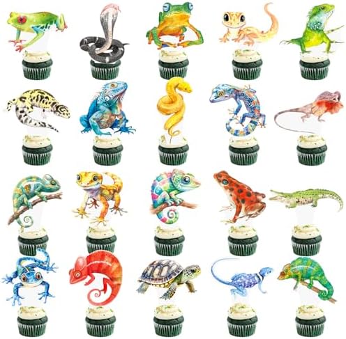 Reptile Party Cupcake Toppers 48Pcs Reptile Animals Theme Cake Decorations Reptile Lizard Cupcake Picks Swamp Reptile Birthday Party Supplies for Snake Turtle Frog Baby Shower Decor