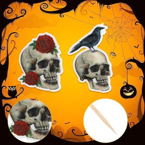 40 PCS Skull & Rose Halloween Cake Toppers - Edible Wafer Paper Decorations - Skeleton Crow & Skull Cupcake Picks