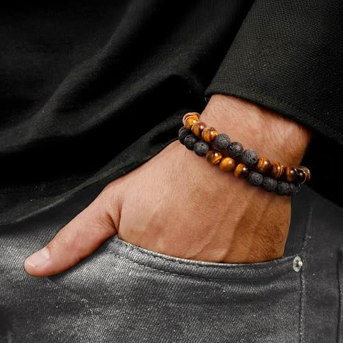 M MOOHAM Beaded Bracelets Set for Men Teen Boys - Beaded Natural Stone 8mm Tiger Eye Matte Agate Lava Rock Bracelets for Men Teen Boys Dad Grandpa Birthday Gifts Jewelry