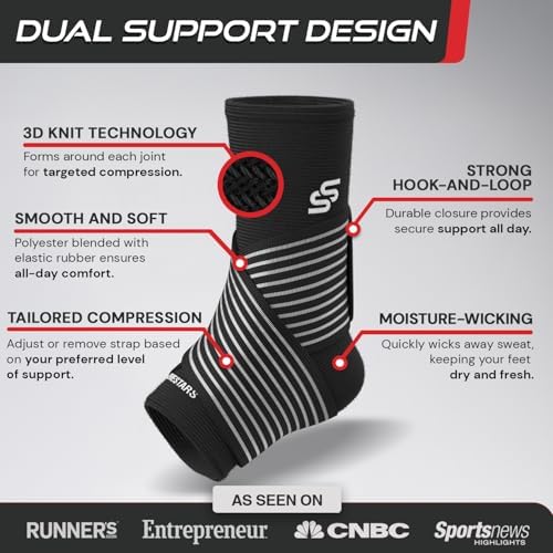Sleeve Stars Ankle Brace for Women & Men, Ankle Wrap for Sprained Ankle, Compression Sleeve for Plantar Fasciitis Relief, Easy Customizable Support: w/Removable Strap (Pair/M:10"-12"/Black)
