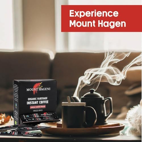 Mount Hagen Dispenser Box – 50 Count Organic Instant Coffee Packets Single Serve, Medium Roast Eco-friendly, Fair-Trade, Freeze-dried Arabica Beans [50 sticks/3.53oz/100g]