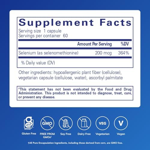 Pure Encapsulations Selenium - 200 mcg - for Healthy Cellular Function, Immune System & Antioxidant Defenses - Mineral Supplement - Vegan & Gluten Free - 60 Capsules