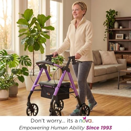 NOVA Star 8 Petite Foldable Rollator Walker, Large Padded Seat, 8” All-Terrain Wheels, Easy-Grip Locking Hand Brakes, Fold Lock, Height Adjustable, Travel-Friendly, Purple