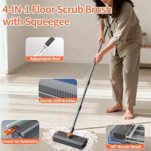 3 in 1 Floor Scrub Brush,Floor Scrubber with Squeegee and Tweezer, Push Broom with Long Handle,Heavy-Duty Stiff 90° Bristle Broom for Patio,Shower, Garage,Deck,Tile, Concrete & Wood Surface