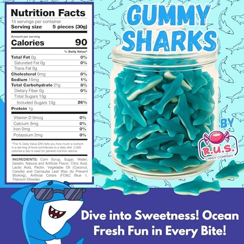 Blue Gummy Sharks - 1/2 Pound Bag | Chewy Fruity Candy | Ocean Themed Shark Gummies for Parties & Snacks | Blue Raspberry Shark Candy | Beach & Under the Sea Party Treats (8oz)