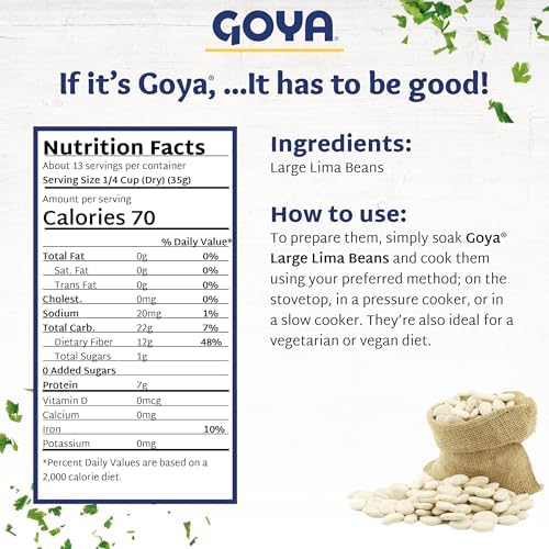 Large Lima Beans by Goya, Butter Beans, Whole Dried Beans, Gigante Beans, Rich in Fiber, Nutritious and Versatile, 16oz. Bag (Pack of 2)
