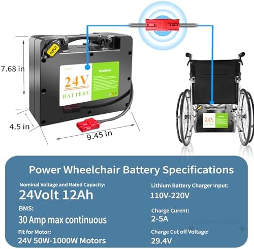 24V12AH Lithium Battery for Electric Wheelchair, Built-in 30A BMS Better Than Lead-Acid Batteries, for 100W-500W, Includes 2A Charger Anderson Connector (24V12AH)