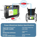24V12AH Lithium Battery for Electric Wheelchair, Built-in 30A BMS Better Than Lead-Acid Batteries, for 100W-500W, Includes 2A Charger Anderson Connector (24V12AH)