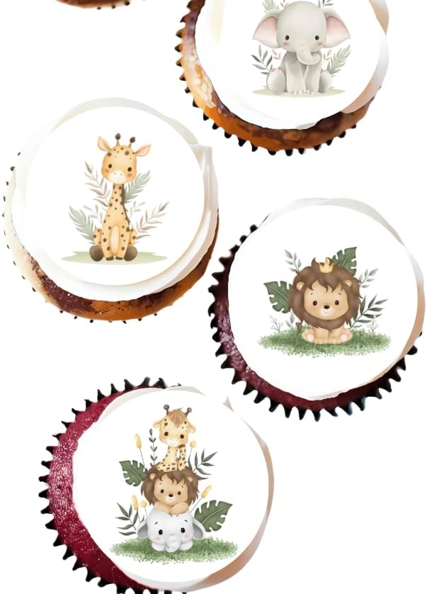 Baby Safari Animals Edible Toppers for Cupcakes and Treats, Giraffe, Lion, Elephant Theme Precut Edible Images (1.25" (30) Rounds)