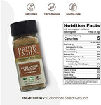 Pride of India – Coriander Seed Ground – Authentic Indian Spice – Freshly Packed Gourmet Spice – Must Ingredient in Indian & Middle Eastern Cuisines – Easy to Use – 2.6 oz. Small Dual Sifter Jar